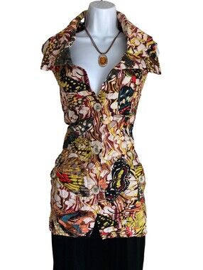 VTG For Cynthia Plus XL Linen Boho Artsy Button Up Tunic Blouse W Side Pockets